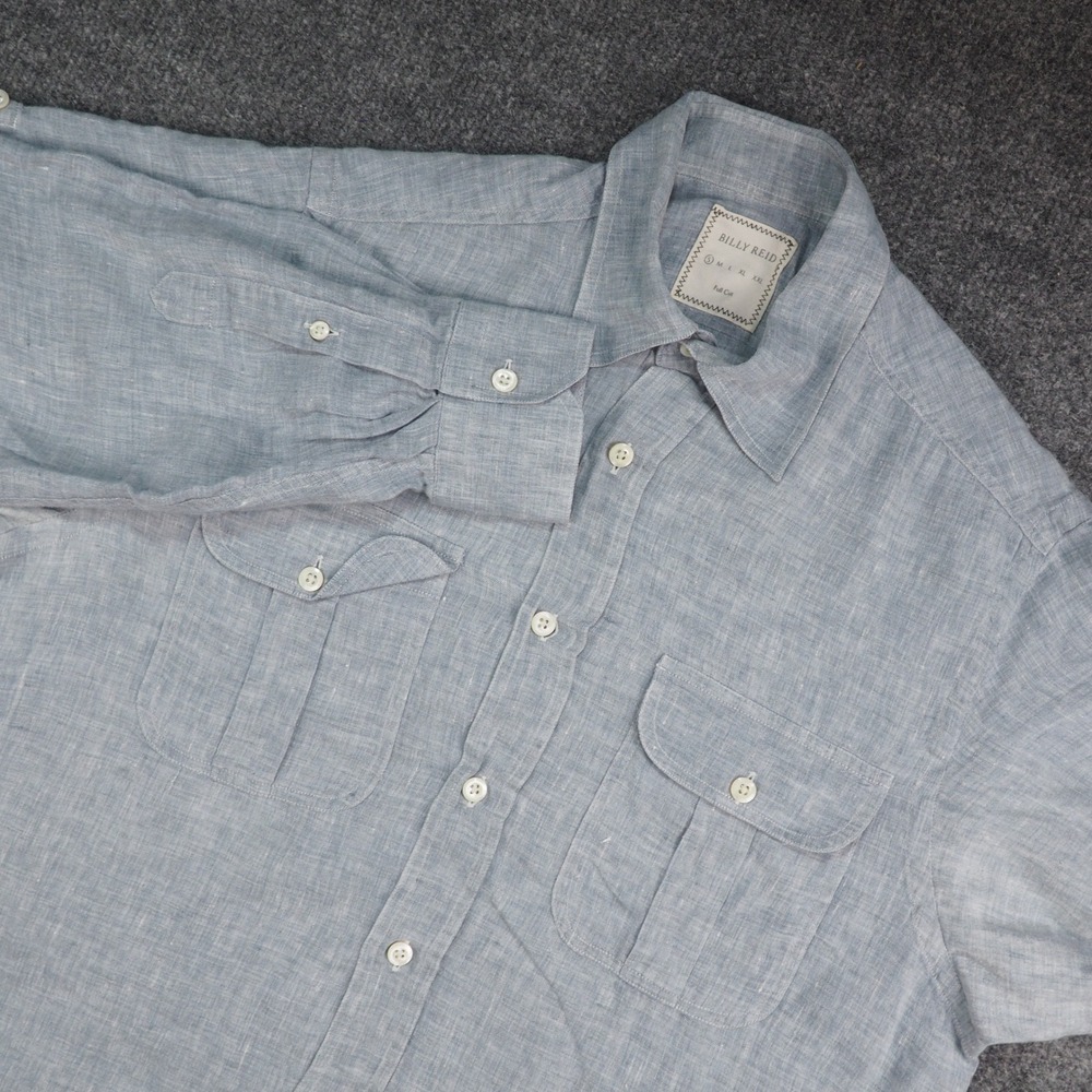 Billy Reid Shirt Mens Small Full Cut Blue Solid Linen Workwear Utility Casual